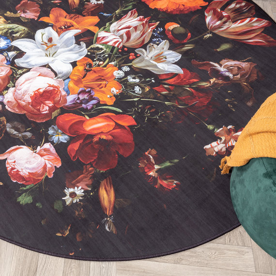 FRAAI | Home & Living Teppich Floral Rund - Florine Schwarz Orange