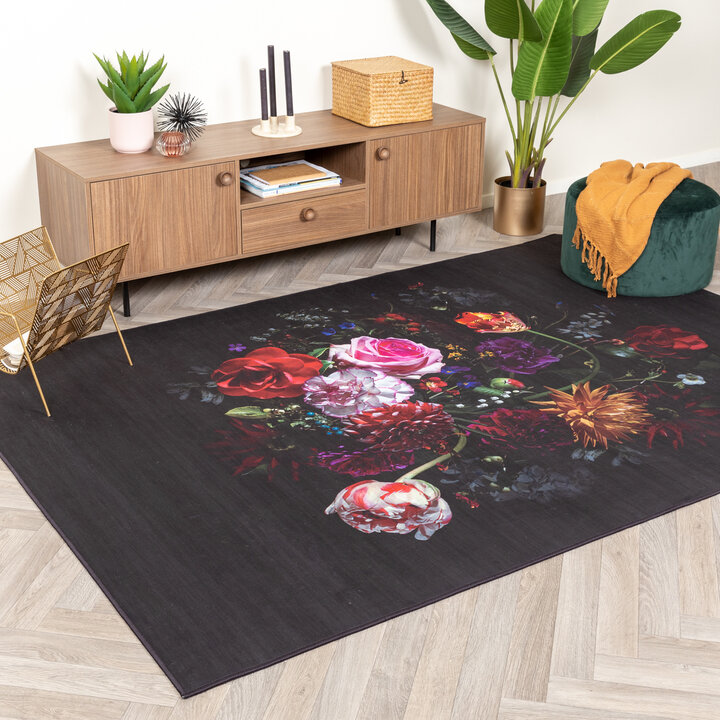 RealHomes Floral runder Teppich Blumenbodenteppich Gerahmte Rutschfeste  Teppiche Rose Anti RutschMatte Charcoal Area Rugs Schwarzer Teppich für  Wohnzimmer -  Österreich