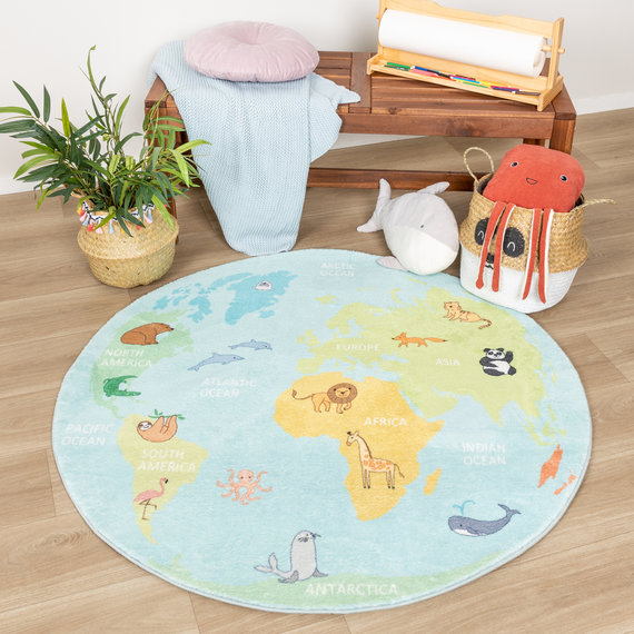 FRAAI | Home & Living Kinderteppich Rund - Globe Hellblau