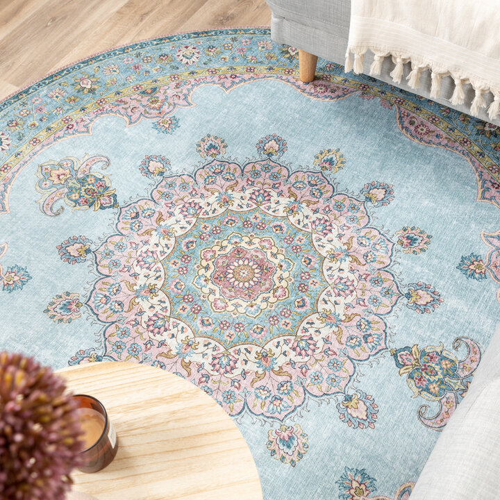 Teppich Vintage Rund - Lily Medaillon Hellblau Türkis