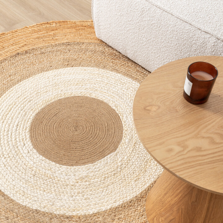 Jute Teppich Rund - Mirai Border Weiss Natur