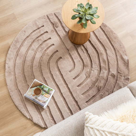 FRAAI | Home & Living Hochflor Teppich Rund - Carvy Curves Taupe
