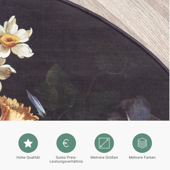 FRAAI | Home & Living Teppich Floral Rund - Florine Schwarz Blau