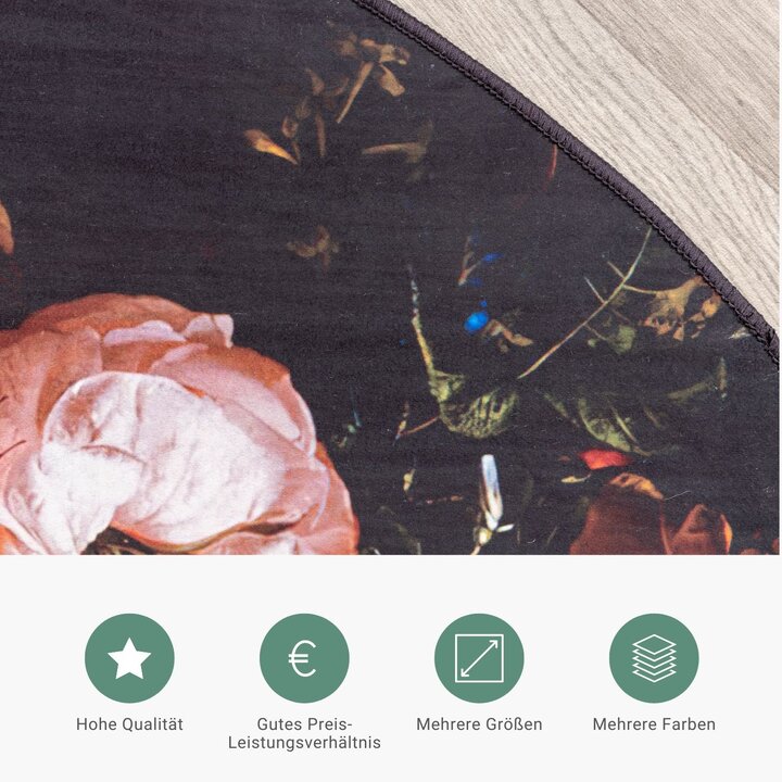 Teppich Floral Rund - Florine Schwarz Orange