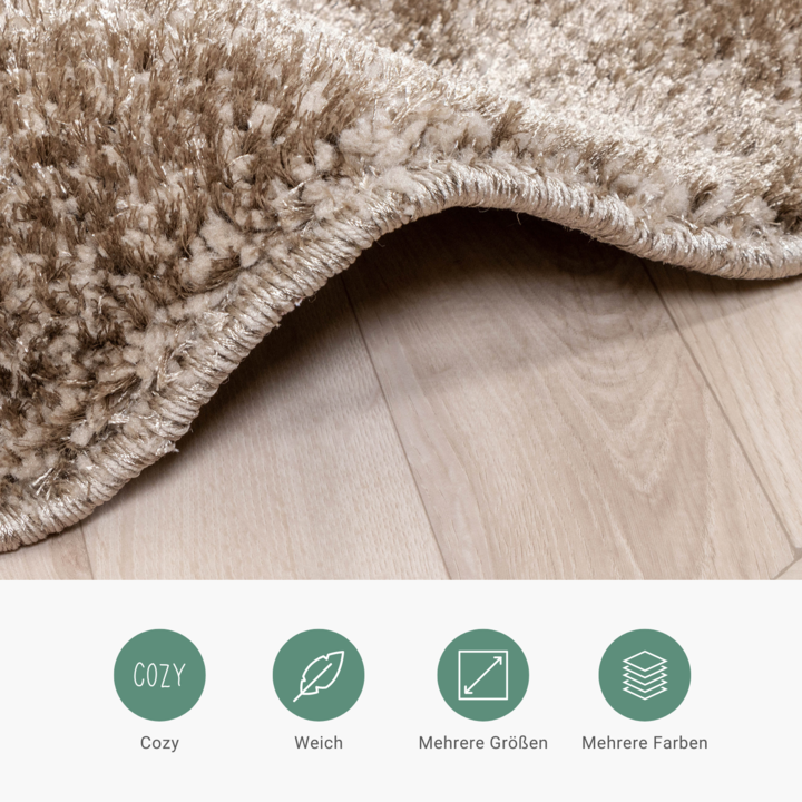 Hochflor Teppich Rund - Glazy Taupe Braun