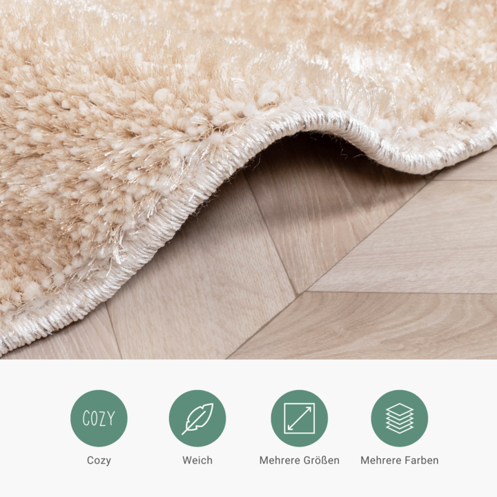 Hochflor Teppich Rund - Glazy Beige Creme