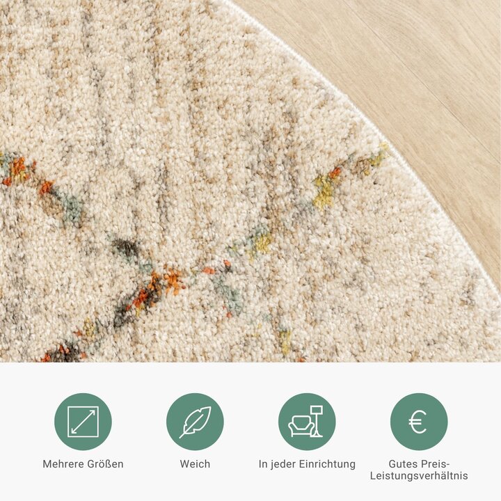 Hochflor Teppich Rund - Blend Lines Creme Bunt