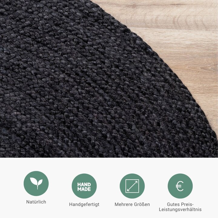 Jute Teppich Rund - Fair Schwarz