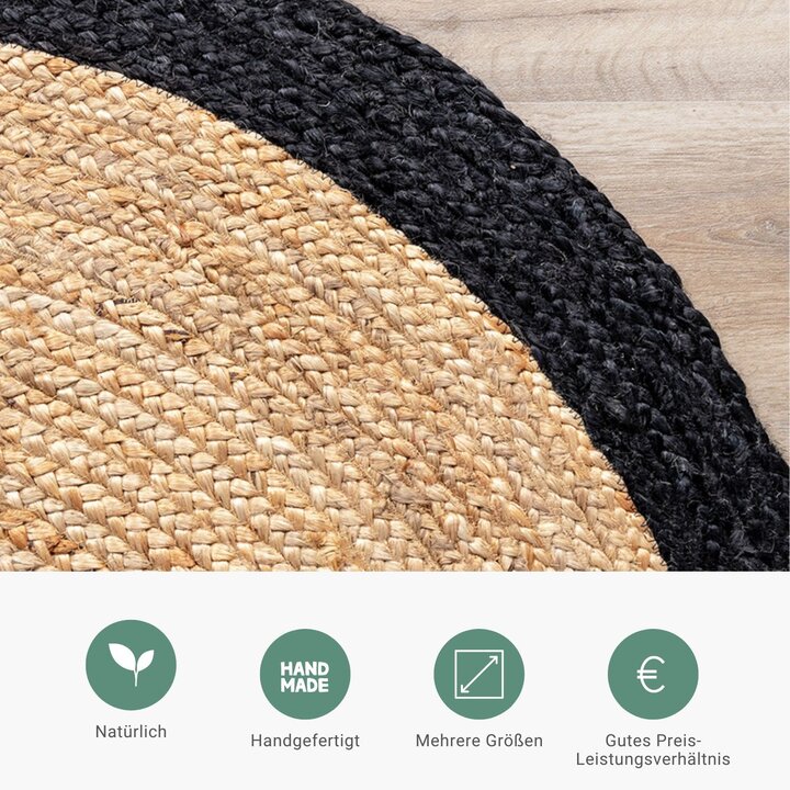 Jute Teppich Rund - Fair Natur Schwarz