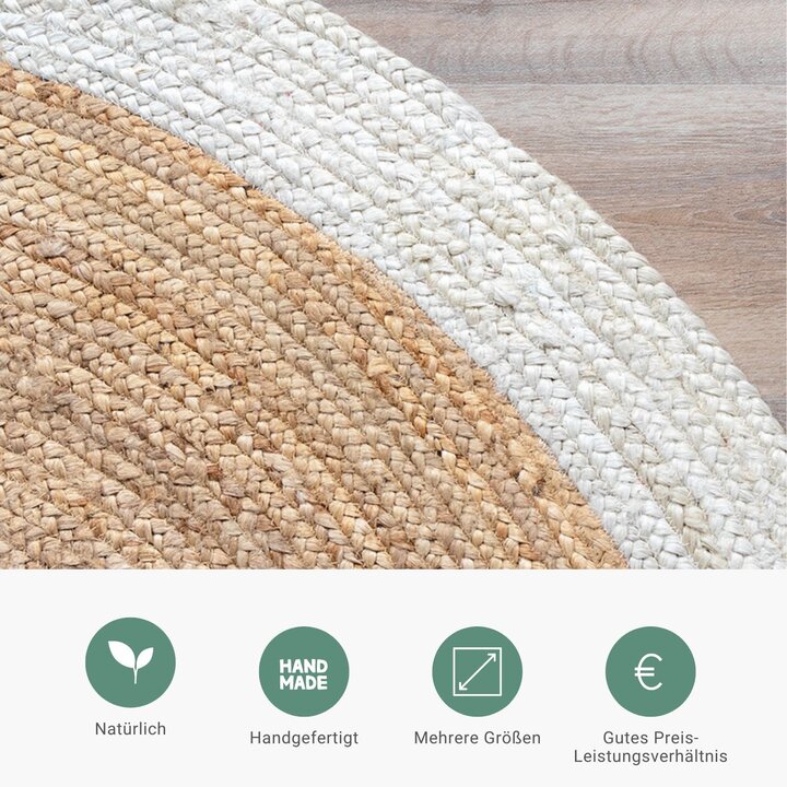 Jute Teppich Rund - Fair Natur Weiß