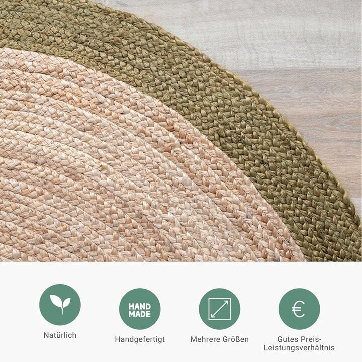 Jute Teppich Rund - Fair Natur Grün