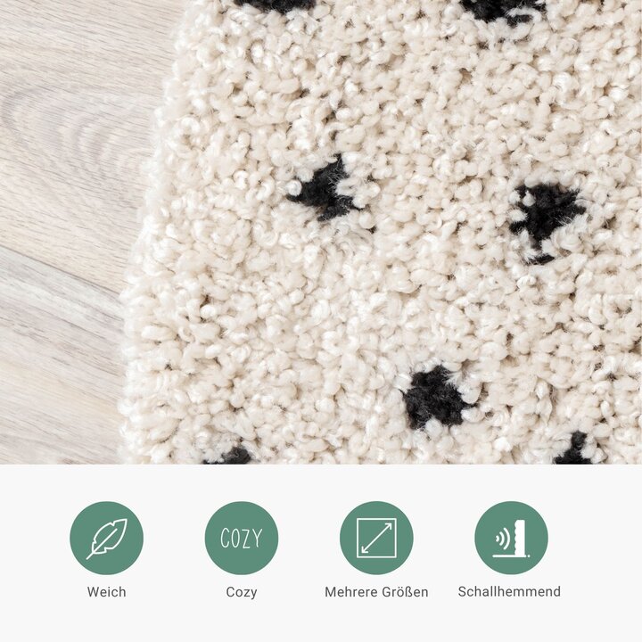 Teppich Hochflor Rund - Grand Dots Creme Schwarz