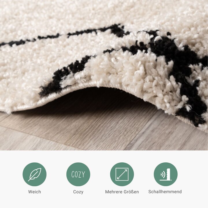 Teppich Hochflor Rund - Grand Diamond Creme Schwarz