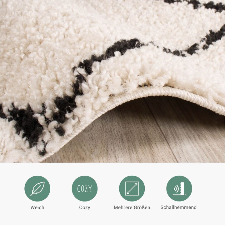 Teppich Hochflor Rund - Grand Lines Creme Schwarz