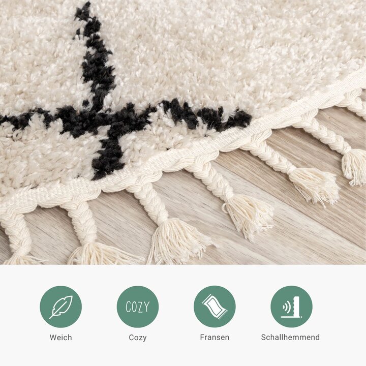 Teppich Hochflor Rund - Grand Lines Weave Creme Schwarz