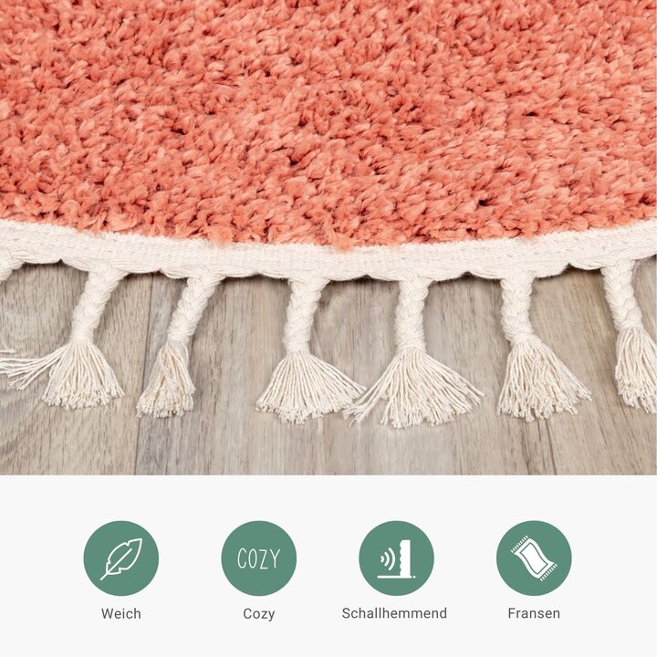 Teppich Hochflor Rund - Lofty Fringe Orange Rosa
