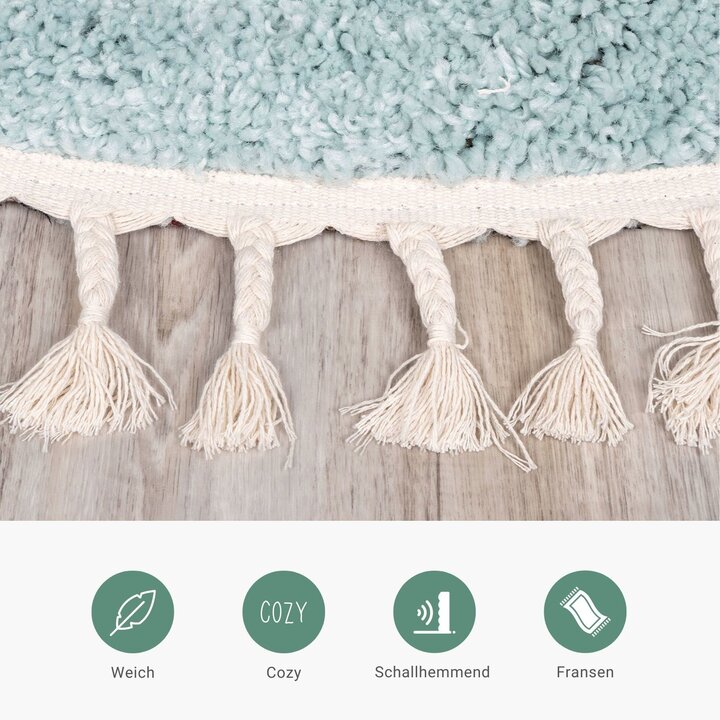 Teppich Hochflor Rund - Lofty Fringe Hellblau Türkis