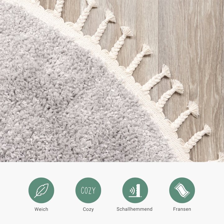 Teppich Hochflor Rund - Lofty Fringe Hellgrau