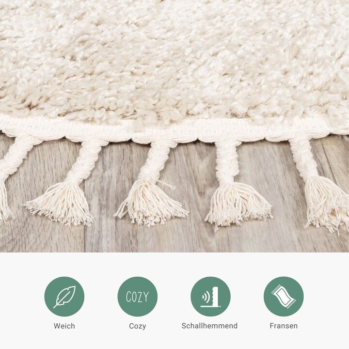 Teppich Hochflor Rund - Lofty Fringe Creme Weiß