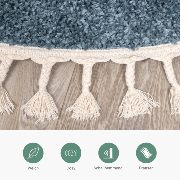 Teppich Hochflor Rund - Lofty Fringe Blau