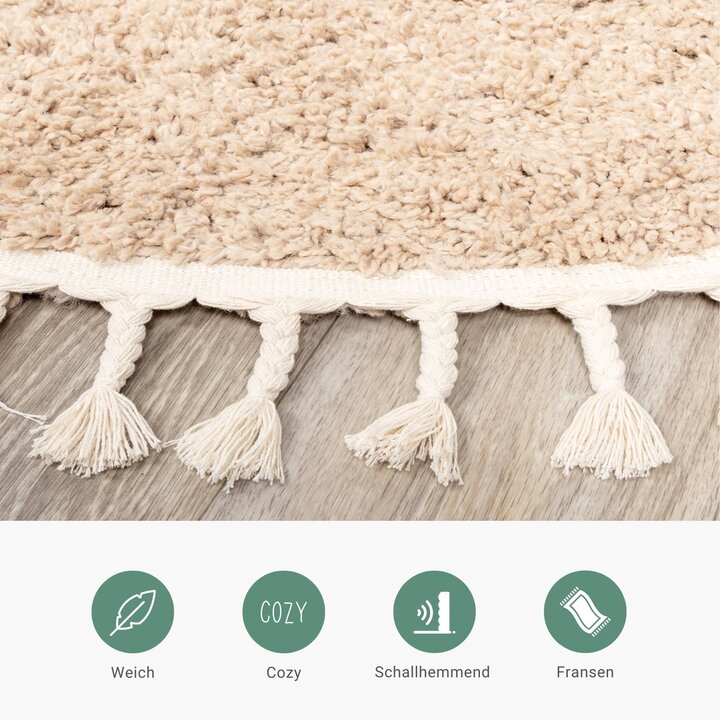 Teppich Hochflor Rund - Lofty Fringe Beige
