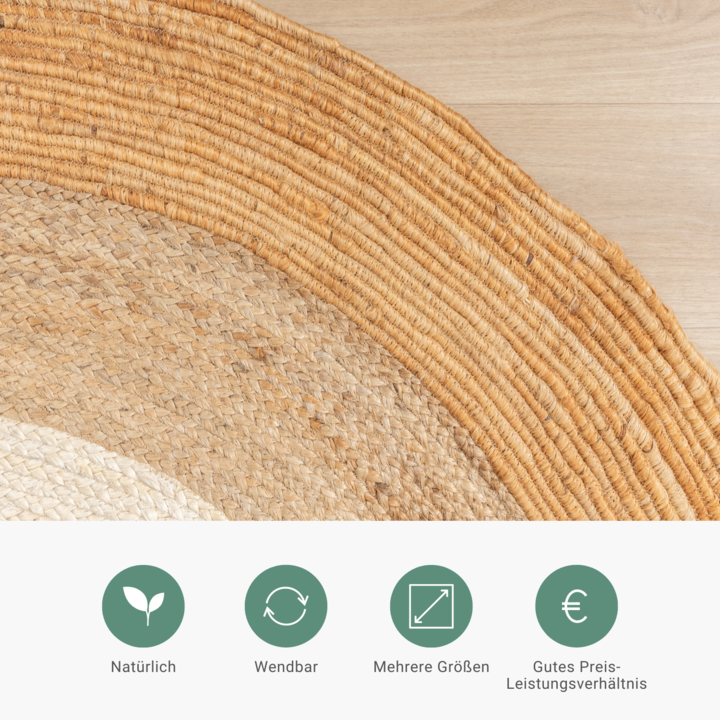Jute Teppich Rund - Mirai Border Weiss Natur