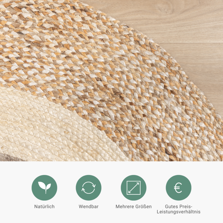 Jute Teppich Rund - Mirai Border Weiss Melange