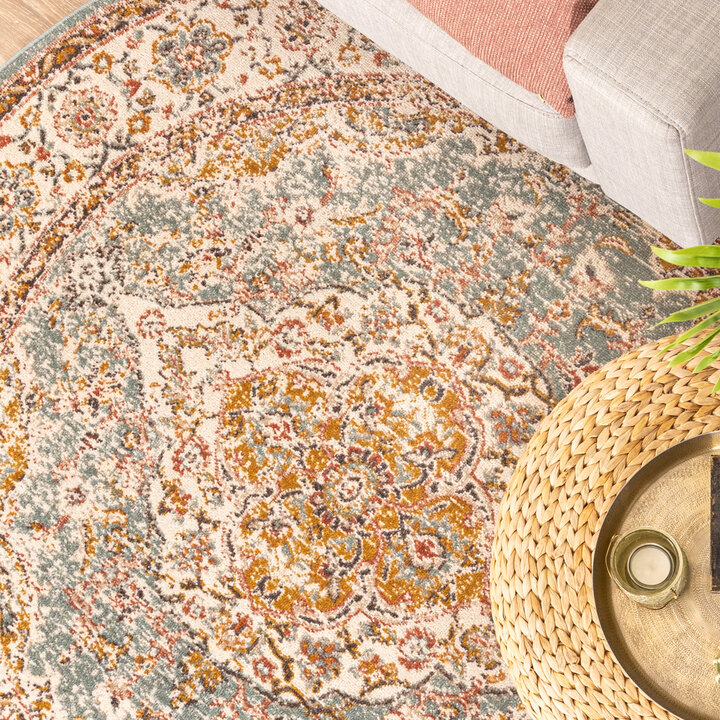 Teppich Vintage Rund - Thirza Medaillon Hellblau Bunt