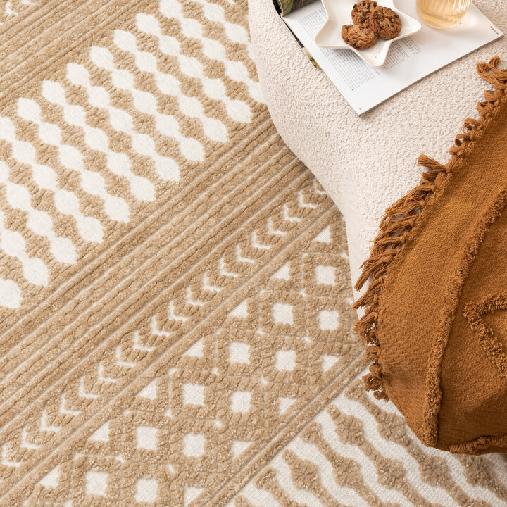 Waschbarer Teppich - Dunya Geo Beige Weiß