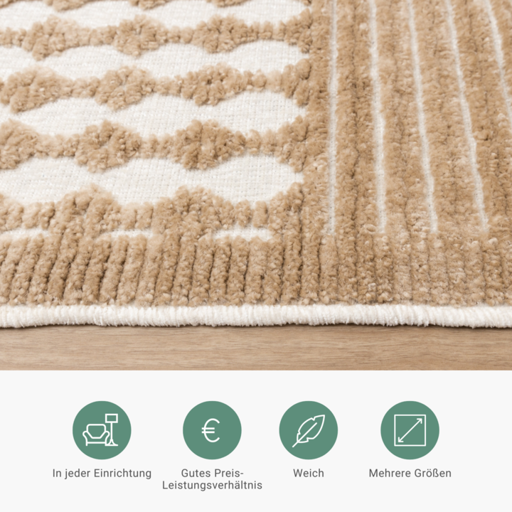 Waschbarer Teppich - Dunya Geo Beige Weiß