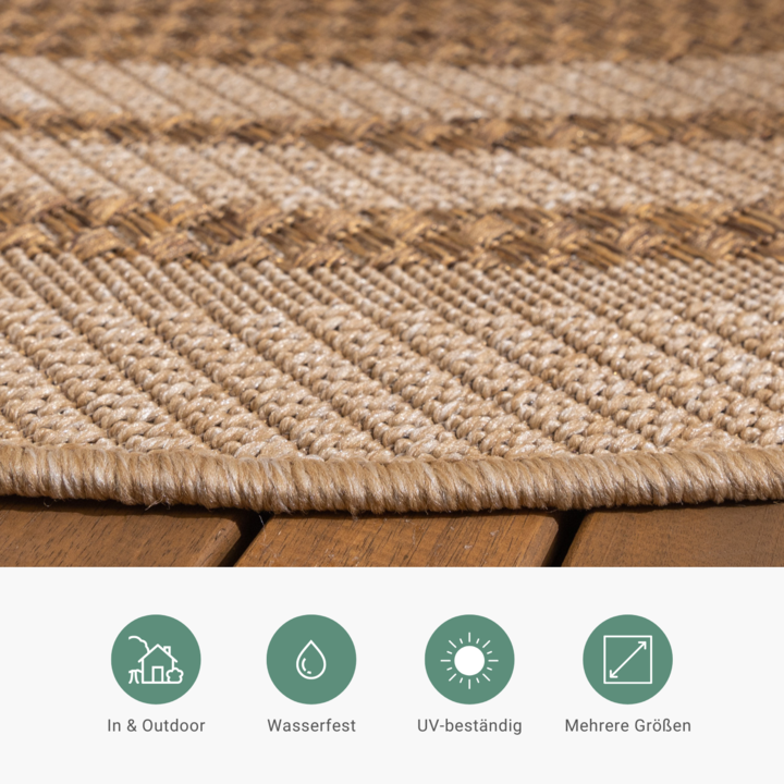 Jute Gartenteppich Rund - Mavi Border Creme Braun