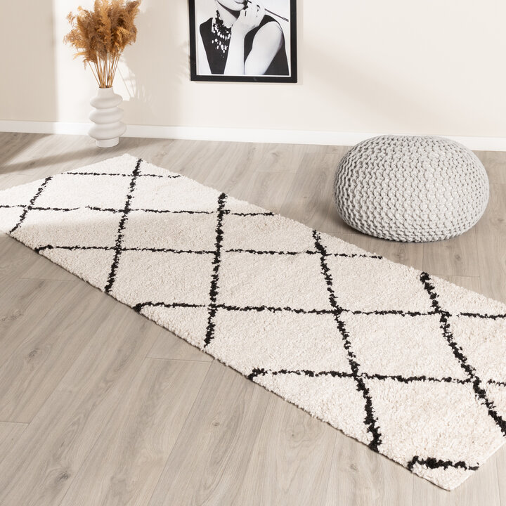 Hochflor Läufer - Grand Lines Creme Schwarz