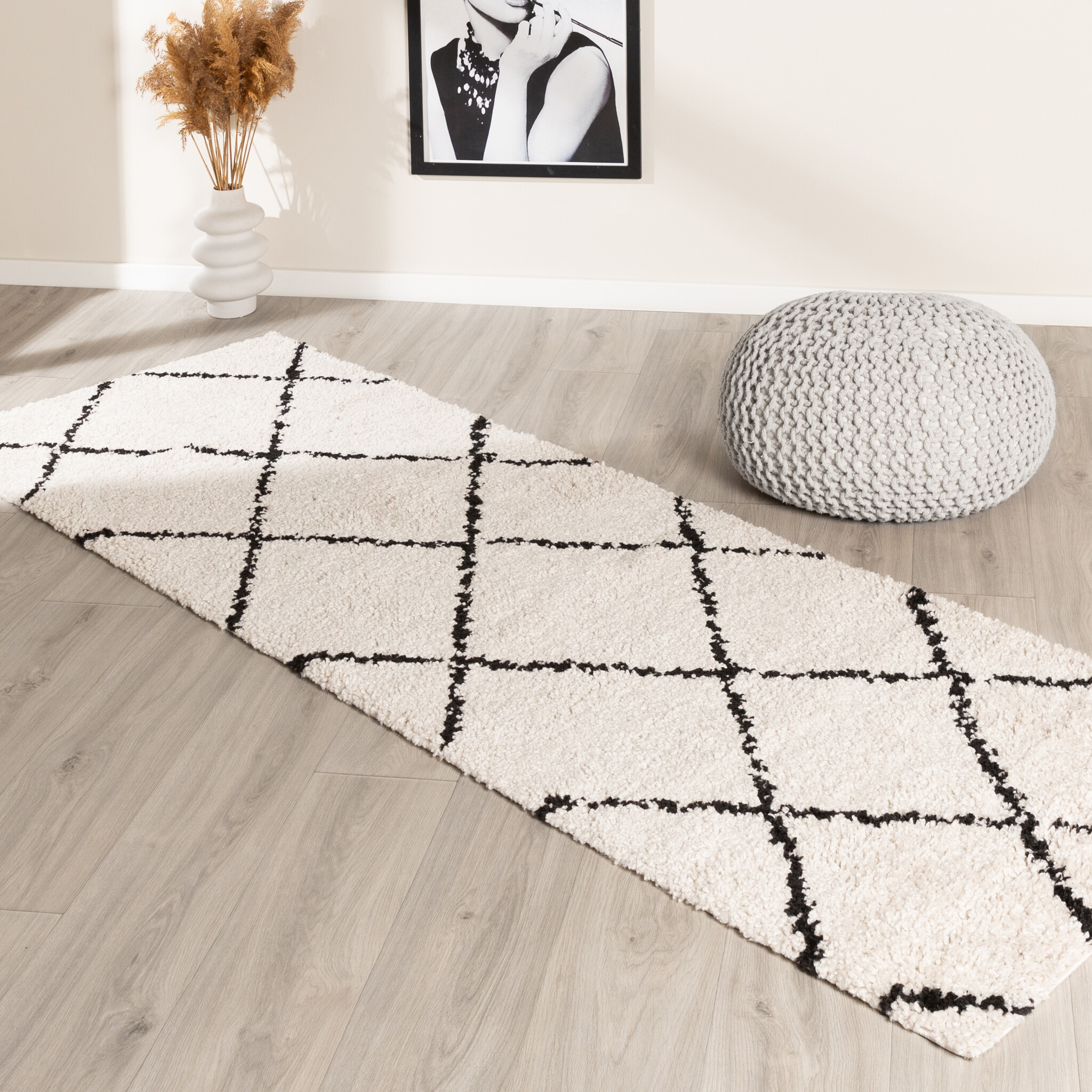Hochflor Läufer - Grand Lines Creme Schwarz
