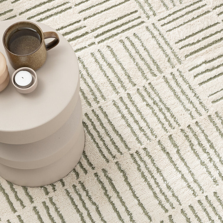 Teppich Wohnzimmer - Yune Lines Creme Grün