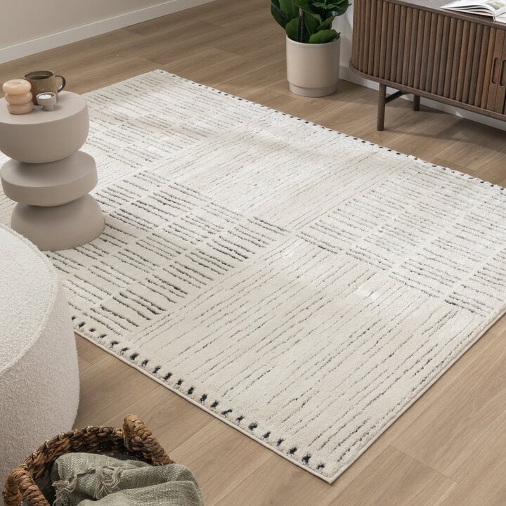 Teppich Wohnzimmer - Yune Lines Creme Schwarz