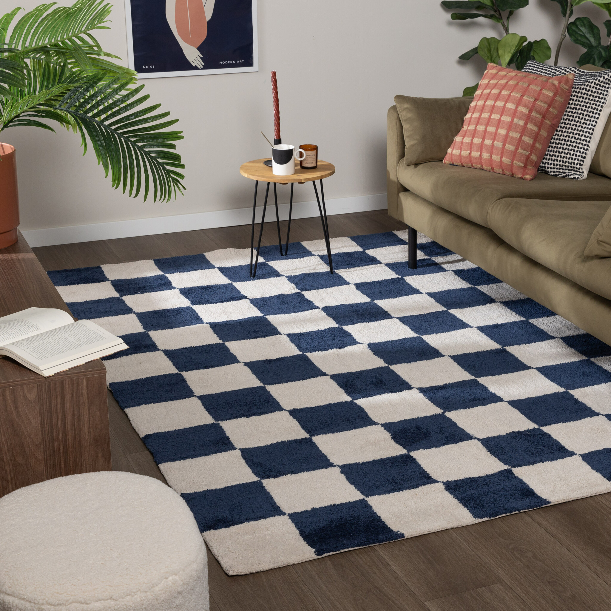 Teppich Kariert - Blox Blau Weiß
