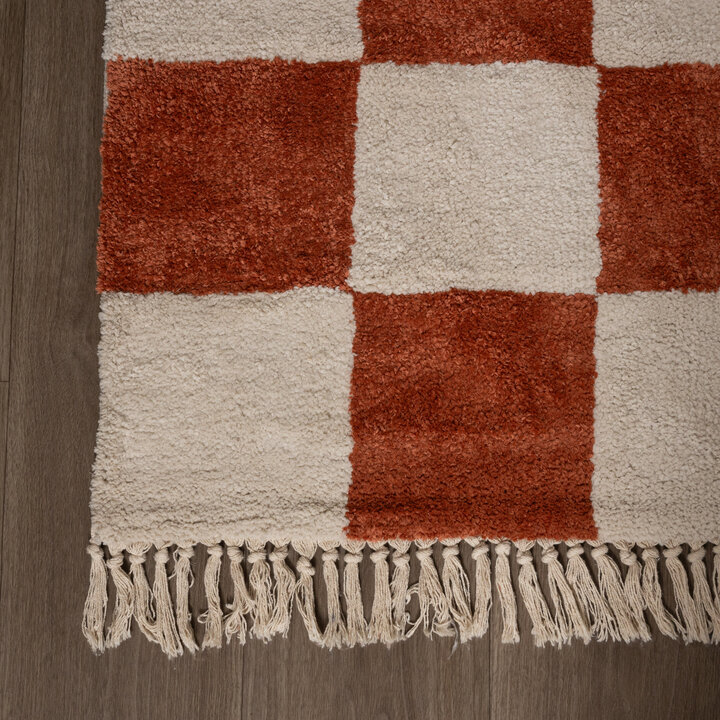 Teppich Kariert - Blox Fringe Terracotta Weiß