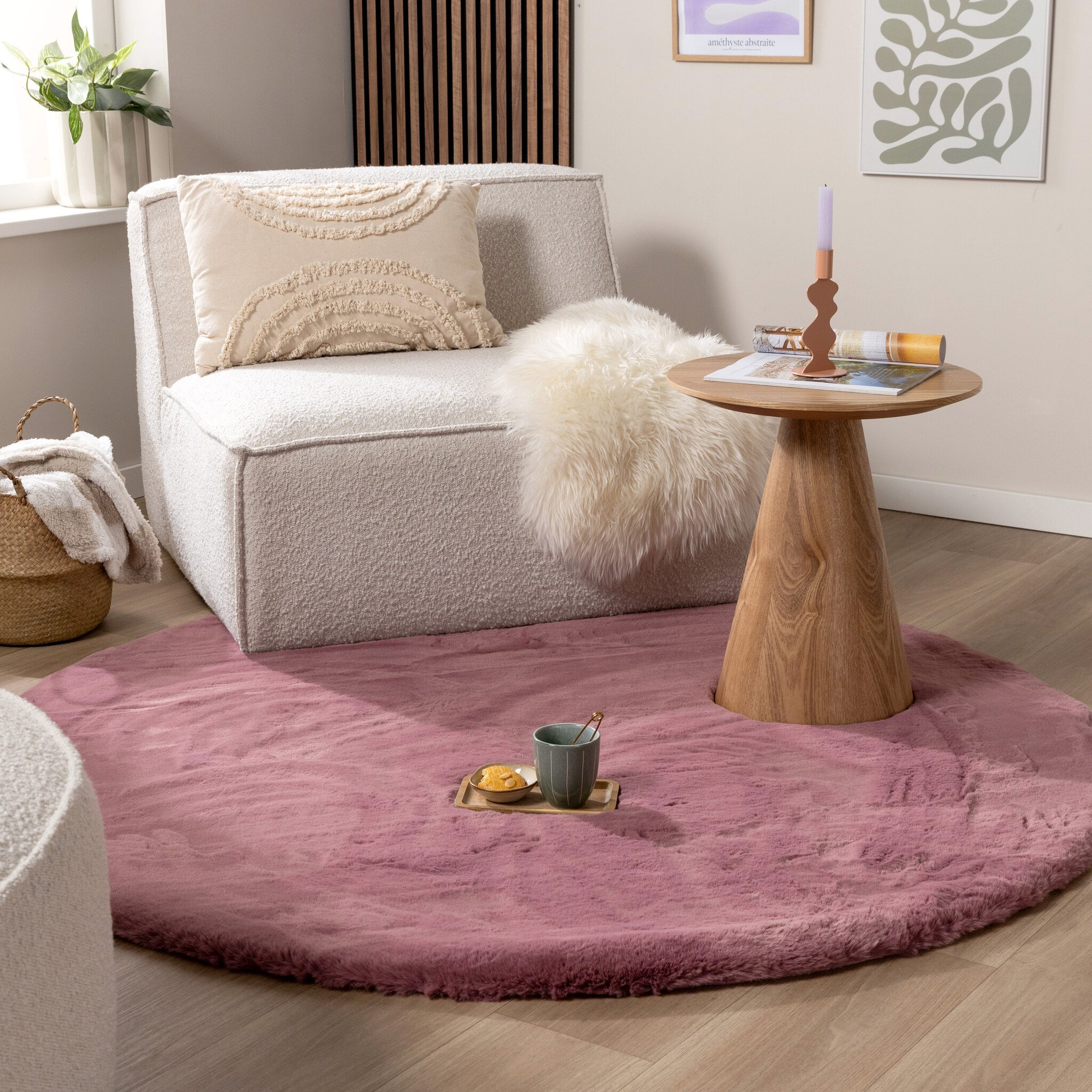 Hochflor Teppich Rund - Comfy Supreme Dunkelrosa