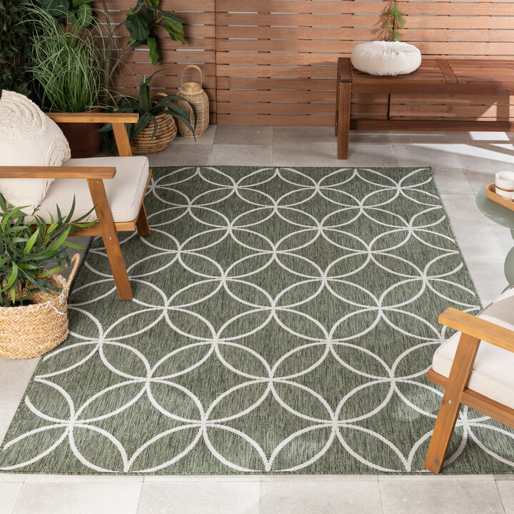 Geometrischer Outdoor Teppich - Faro Ripple Grün  Weiß