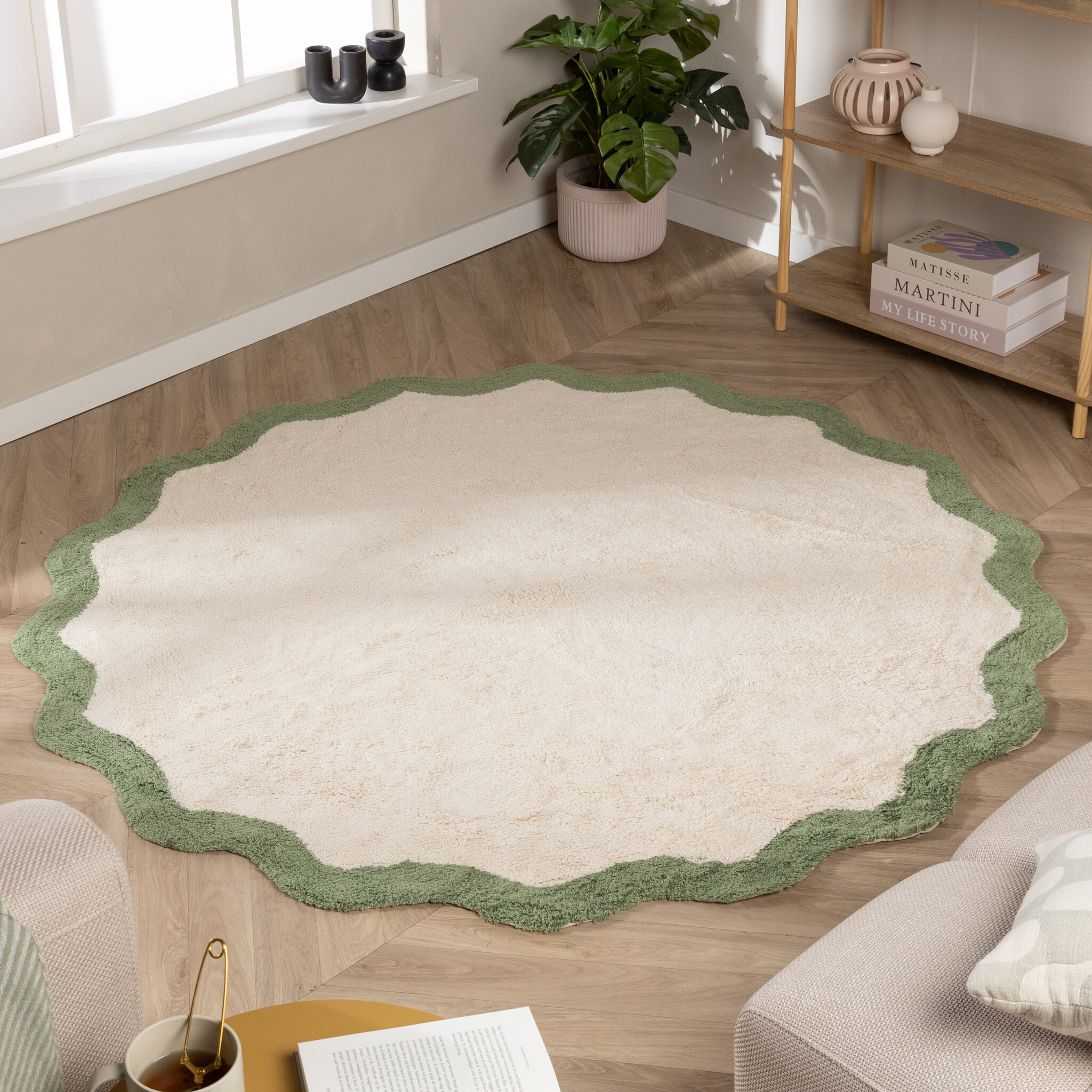 Waschbarer Teppich Rund - Hazy Grün Creme Ø 120cm - Fraai