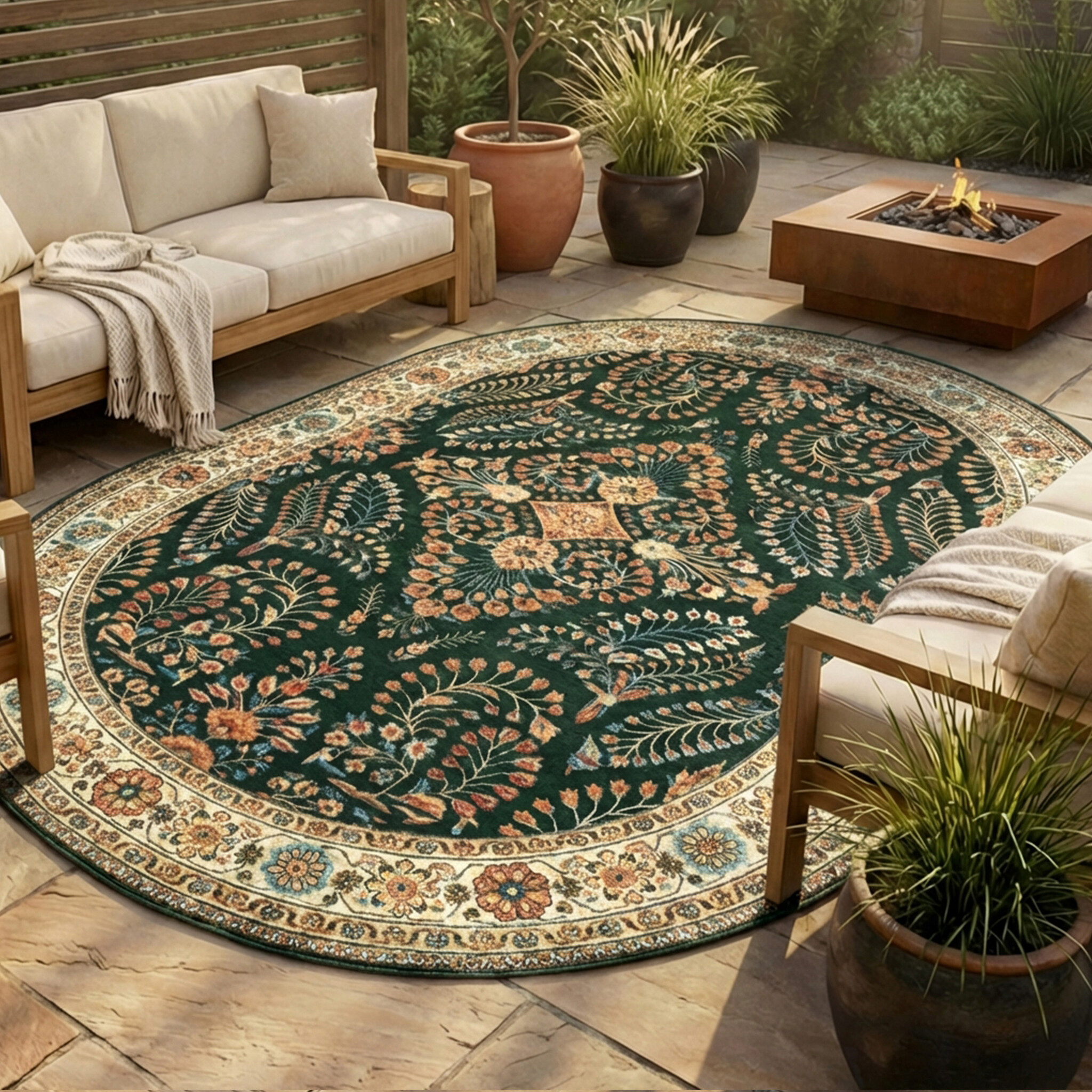 Vintage Gartenteppich Oval - Santo Flora Dunkelgrün