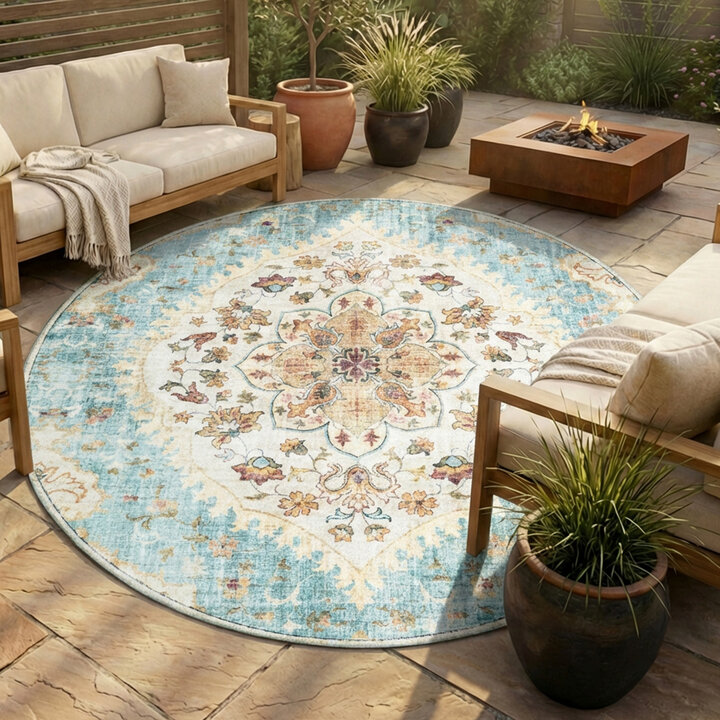 Vintage Gartenteppich Rund - Santo Mandala Hellblau