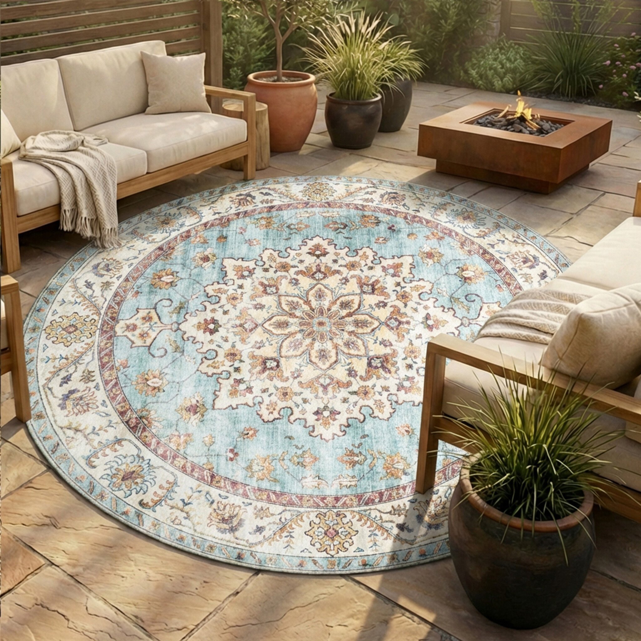 Vintage Gartenteppich Rund - Santo Medaillon Hellblau