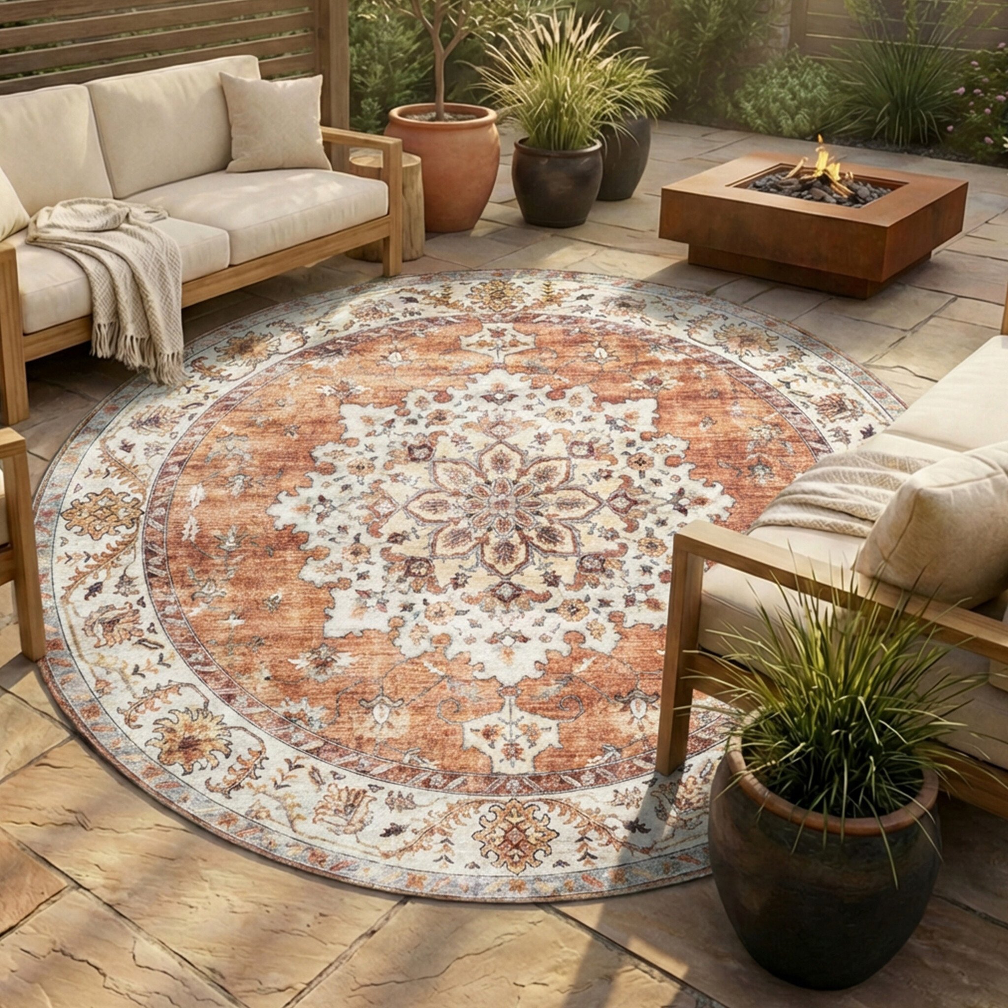 Vintage Gartenteppich Rund - Santo Medaillon Terrakotta