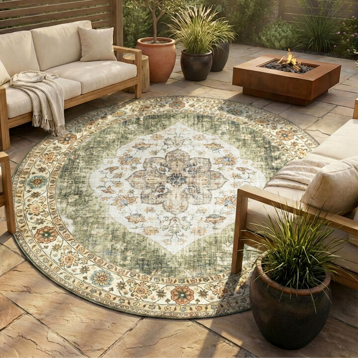 Vintage Gartenteppich Rund - Santo Mandala Grün