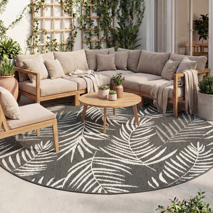 In- & Outdoor Teppich Rund - Malta Leaves Schwarz