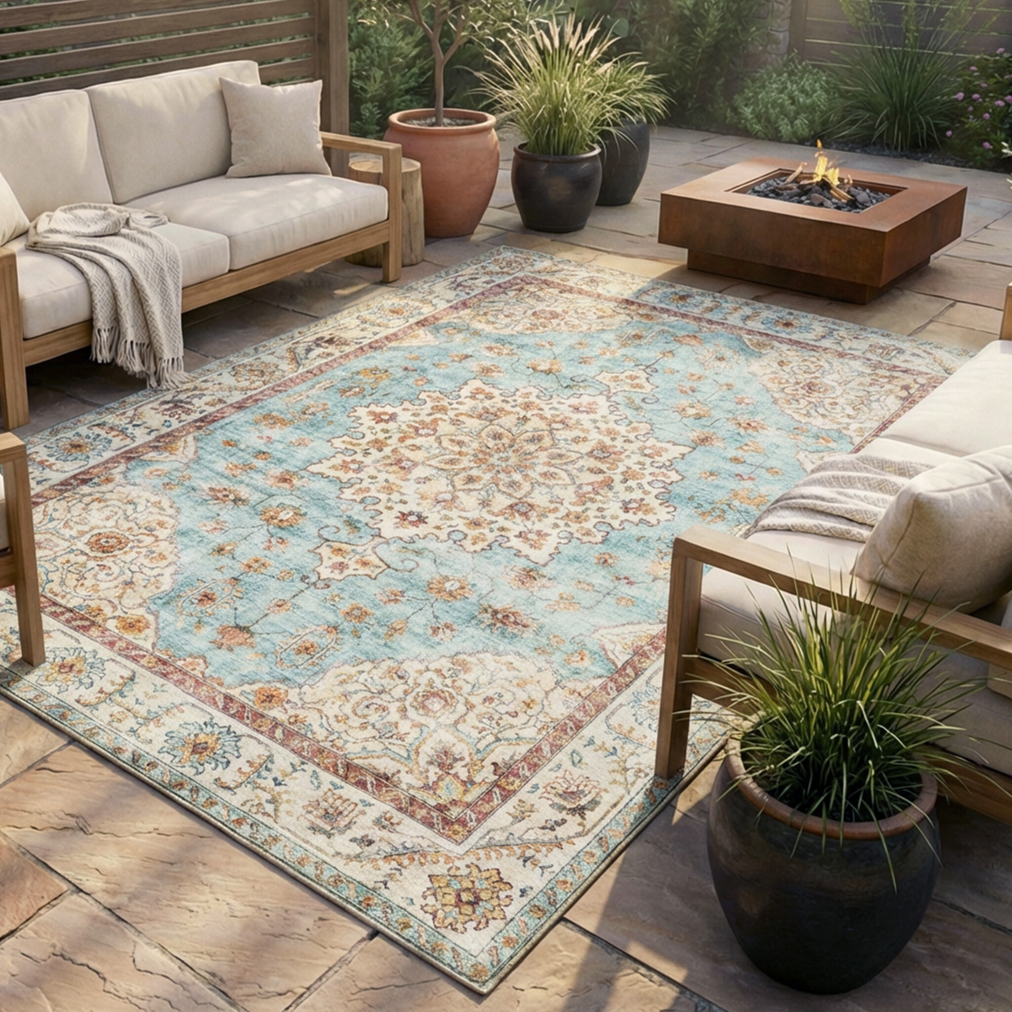 Vintage Gartenteppich - Santo Medaillon Hellblau