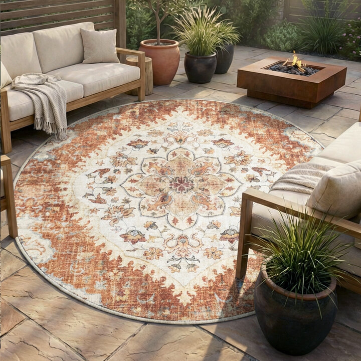 Vintage Gartenteppich Rund - Santo Mandala Terrakotta