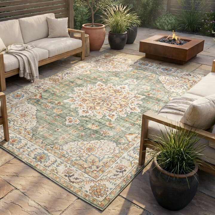 Vintage Gartenteppich - Santo Medaillon Olivgrün