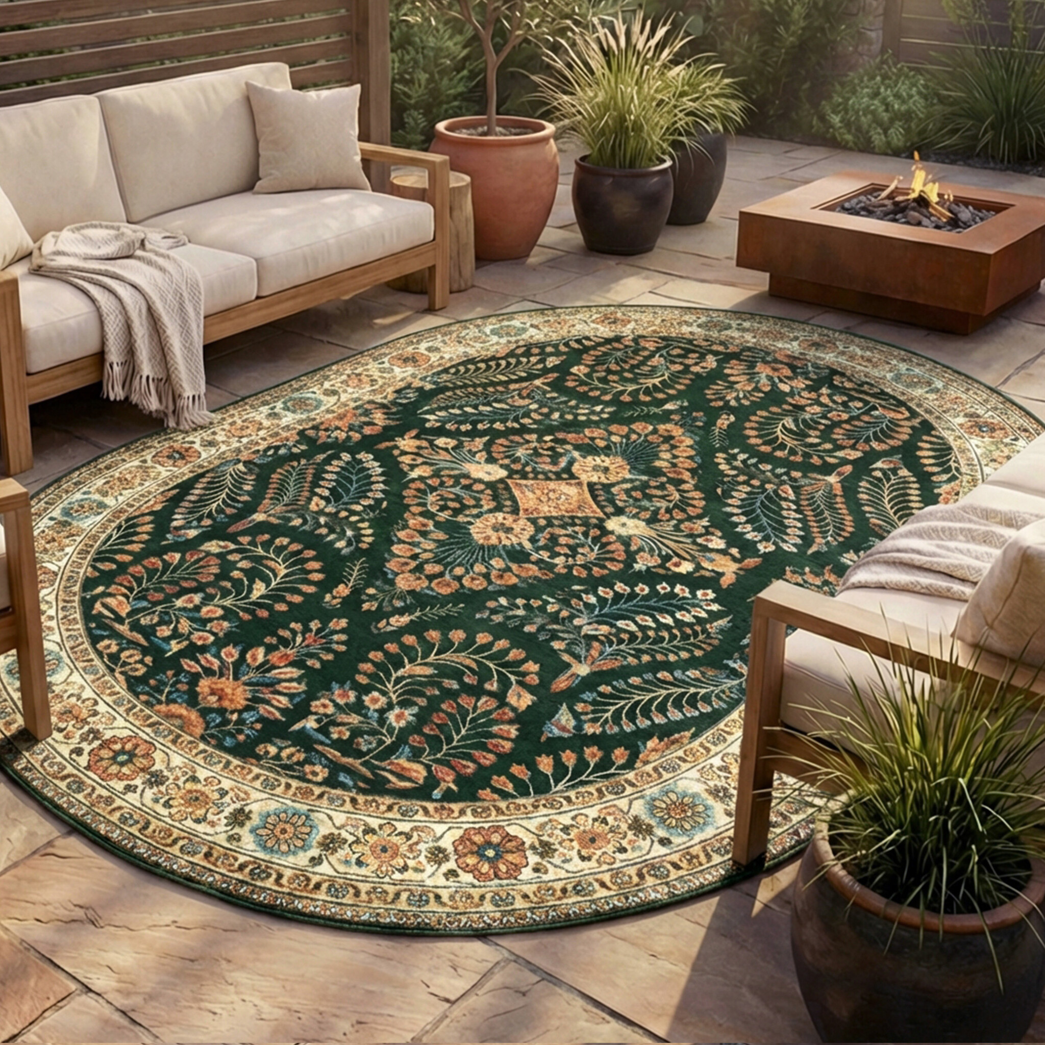 Vintage Gartenteppich Oval - Santo Flora Dunkelgrün